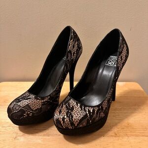 Speed Limit 98 Black Lace Platform Heels